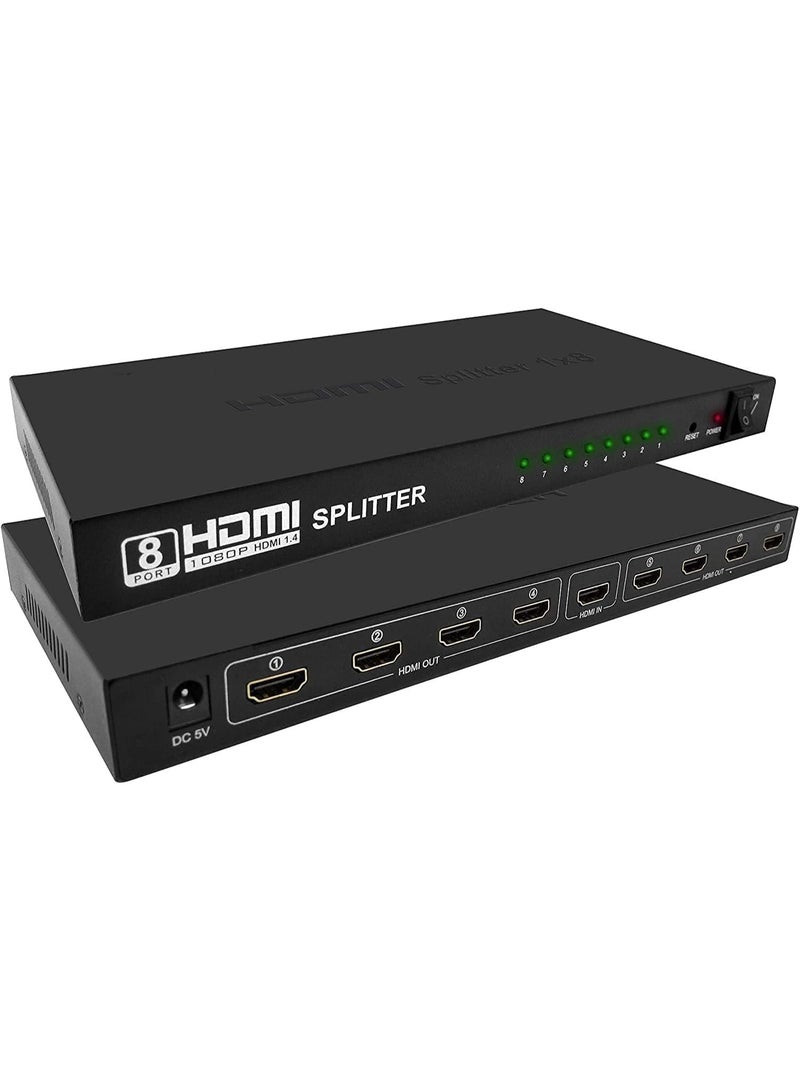 اتش دي ام اي موزع إشارة HDMI 1.4 (1×8)، مدخل واحد إلى 8 مخارج، يدعم دقة 4K@2K، ودقة Full HD 1080P، وتقنية 3D، نطاق ترددي عالي 10.2 جيجابت في الثانية، توزيع إشارة متزامن للتلفزيون والشاشة وجهاز العرض، لون أسود - Image 1